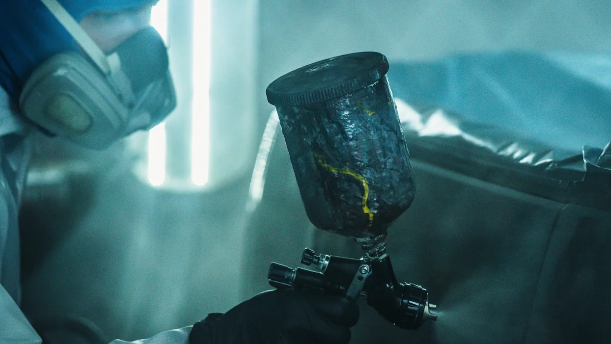 Refinishing a vehicle in the paint booth at Maaco Burien